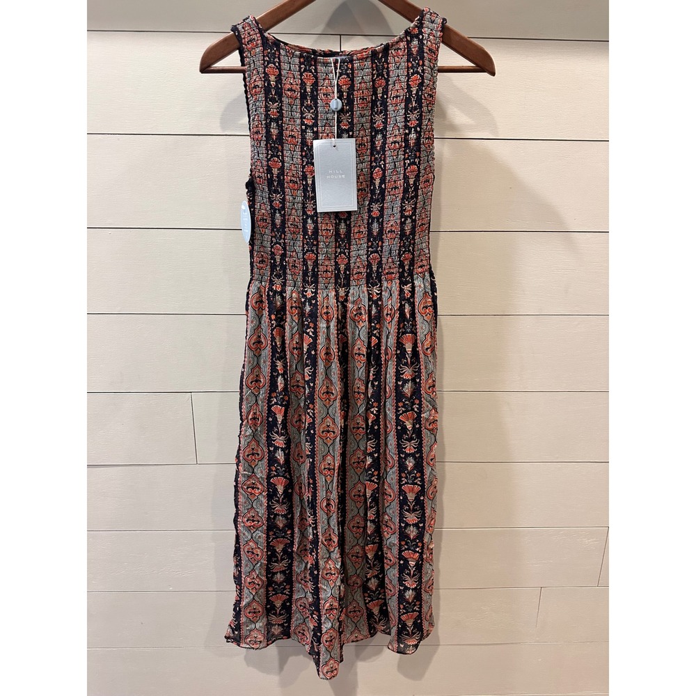 Hill House Home The Nap Dress XXS Orange Blue Paisley Smocked Midi Viscose NWT